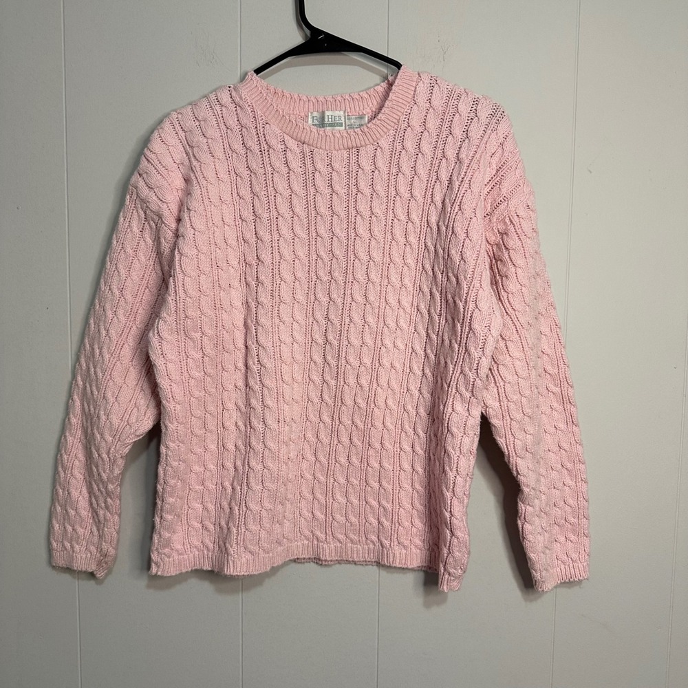 Vintage Van Heusen Pink Cable Knit Sweater women's Size L 100% Cotton preppy